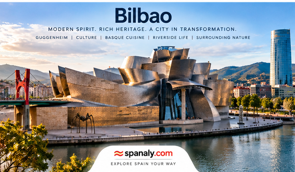 Bilbao cityscape with the Guggenheim Museum, riverfront and surrounding Basque landscape