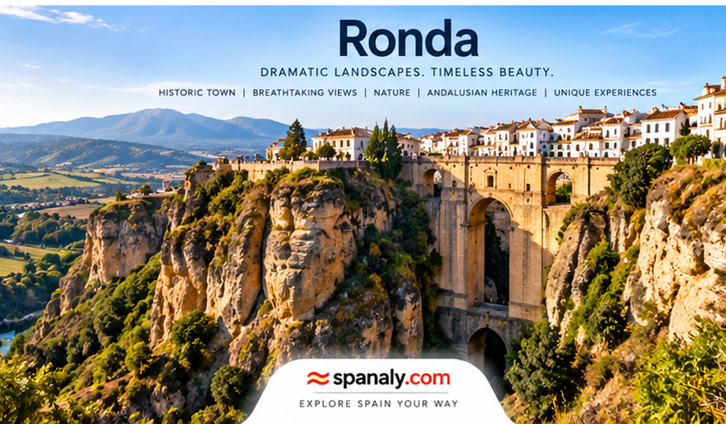 Ronda historic town overlooking dramatic cliffs and the famous Puente Nuevo in Andalusia