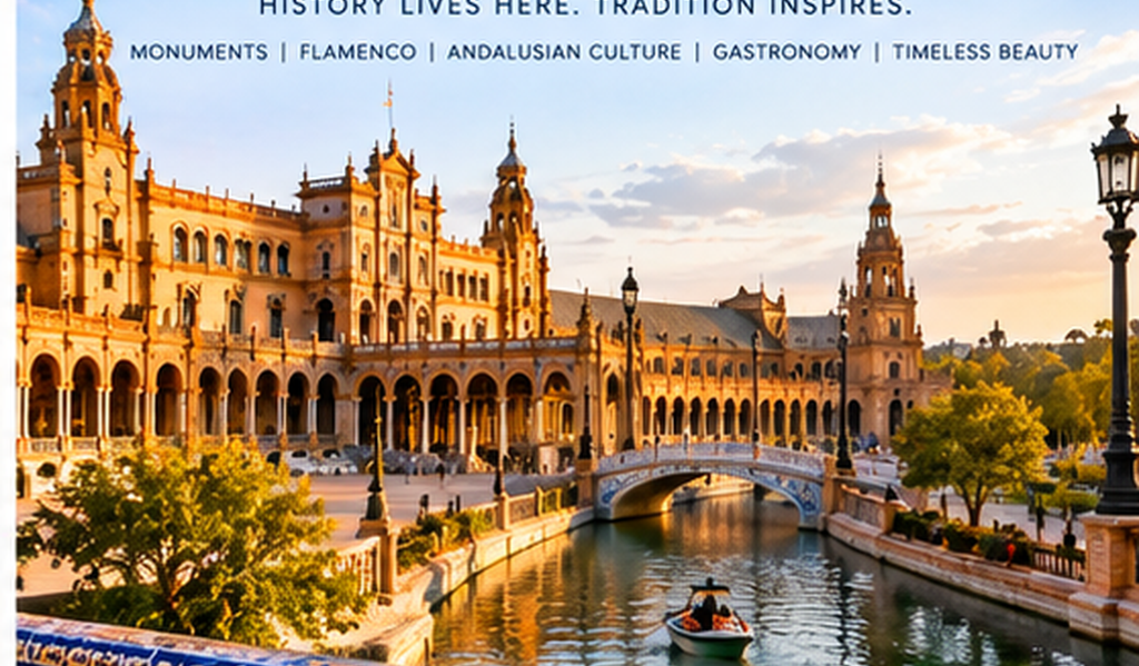 Seville historic architecture with Plaza de España, traditional Andalusian scenery and landmarks