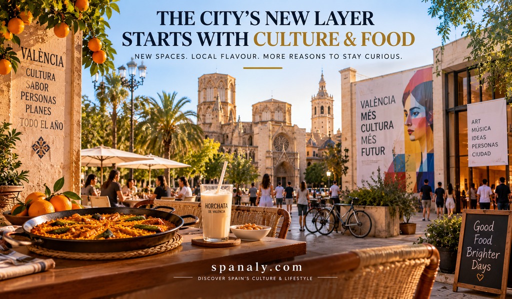 Valencian paella and horchata beside a lively historic plaza, representing Valencia’s evolving culture and food scene