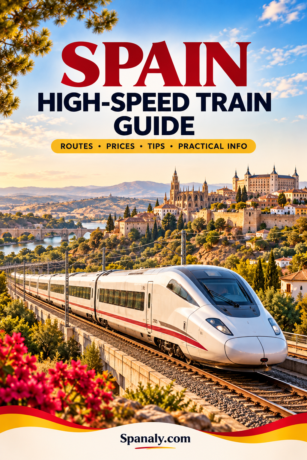 High-speed train travelling through a scenic Spanish landscape, with historic architecture and the Spanaly.com travel guide title.