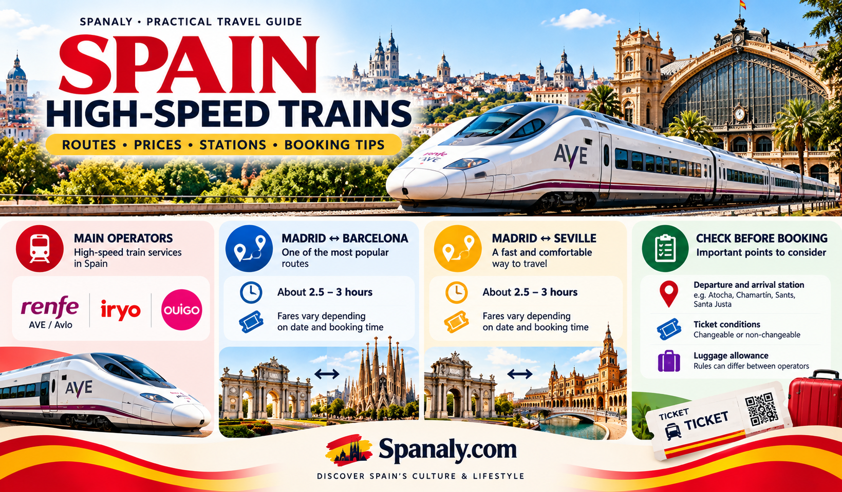 Infographic comparing Spain high-speed train operators, approximate journey times for Madrid–Barcelona and Madrid–Seville, and key ticket checks.