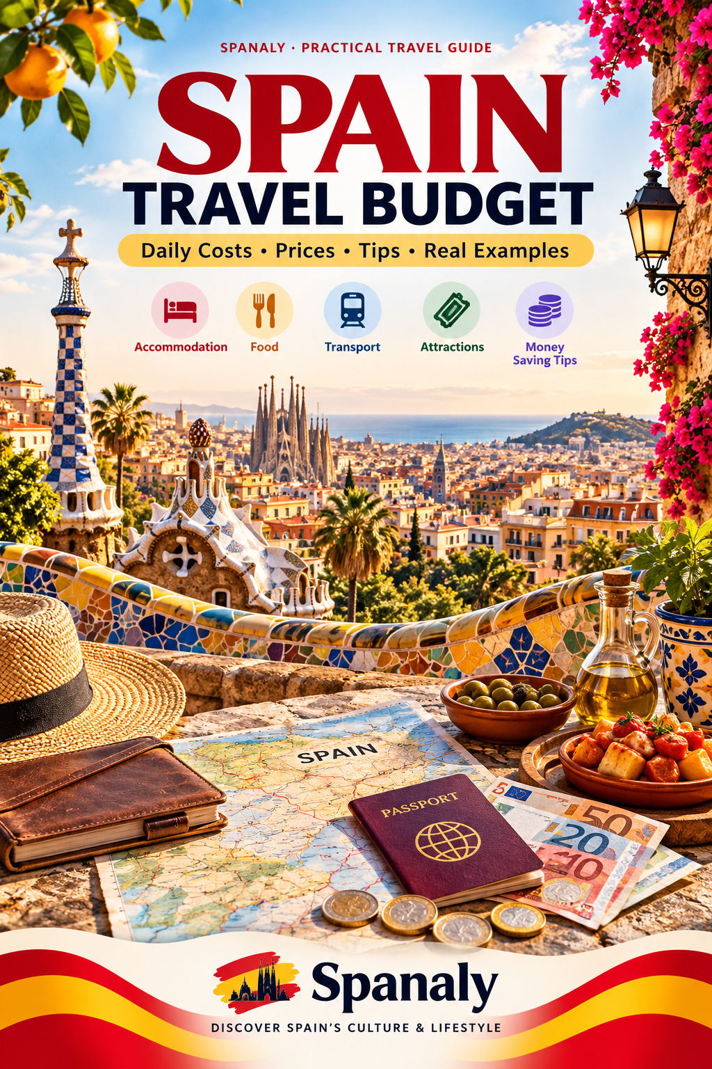 Spain travel budget guide featuring Spanish streets, food and Mediterranean scenery