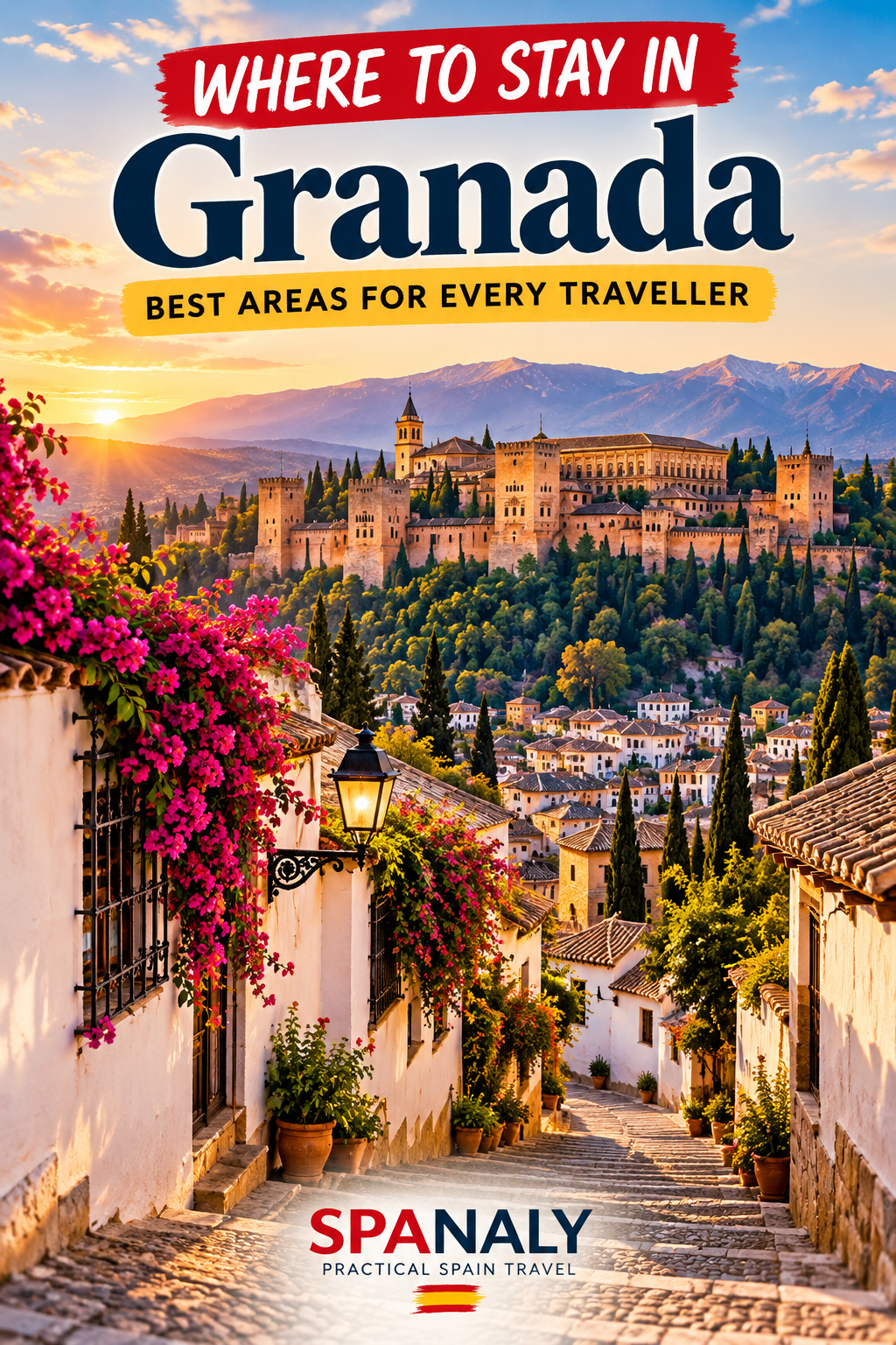 Sunset over Granada and the Alhambra, illustrating the city’s historic neighbourhoods.